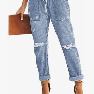 Blue Distressed Cropped Stretch Jeans